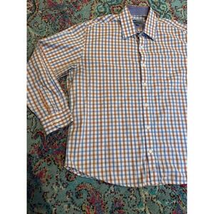 Johnston & Murphy Mens XXL Tailored Fit Plaid Button Down Shirt Orange Blue